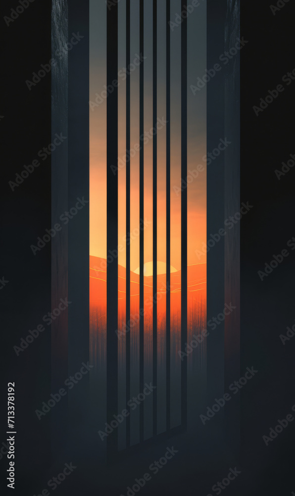 Stark black and white striped doorway in a minimalist setting with sunset. Stark black and white striped doorway in a minimalist setting with sunset.