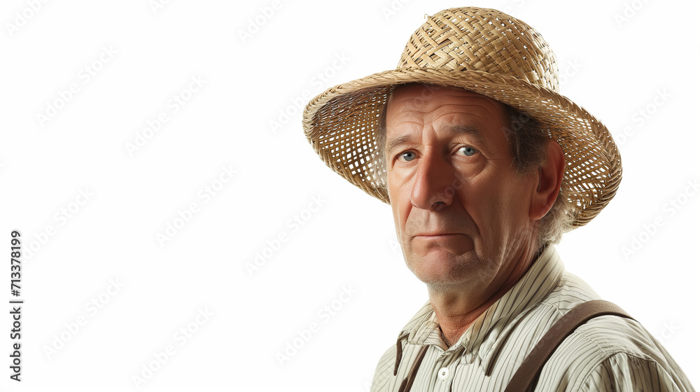 Portrait photograph of male farmer looking at the camera. Wearing farmers clothing and a straw hat.