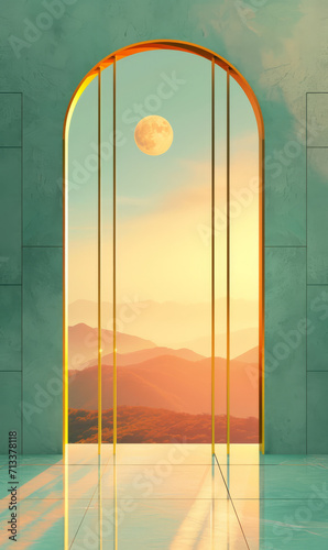 A futuristic serene archway background with sunset and moon framed by green walls.