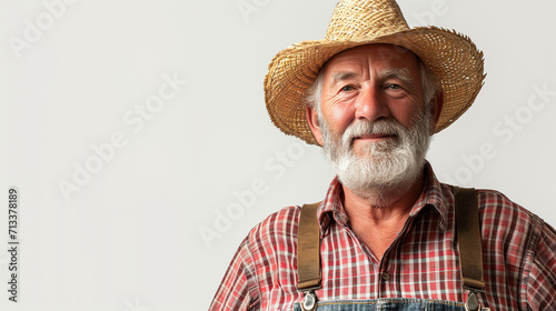 Portrait photograph of male farmer looking at the camera. Wearing farmers clothing and a straw hat. photo