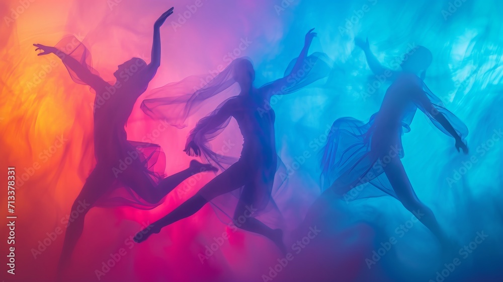 Abstract interpretation of a dynamic dance performance with fluid movements and vivid colors background