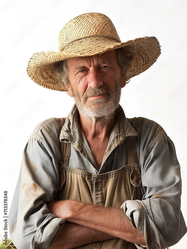 Portrait photograph of male farmer looking at the camera. Wearing farmers clothing and a straw hat. Portrait photograph of male farmer looking at the camera. Wearing farmers clothing and a straw hat.