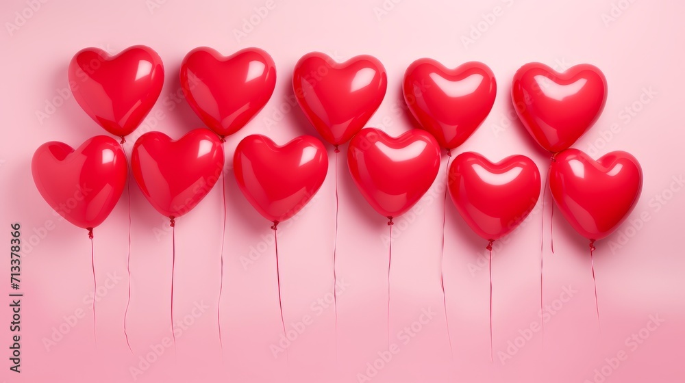 Red heart shaped balloons on trendy pink color pastel background generated AI, Horizontal greeting card.