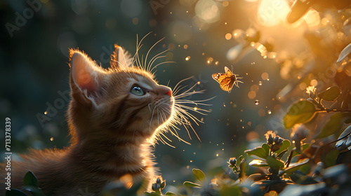 A cute kitten is standing on the lawn watching a beautiful sunset