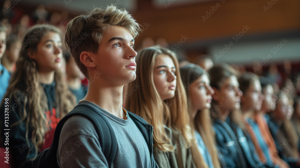 A group of young students stands in the university auditorium and listens attentively to the speaker. Election marathon, future presidential elections