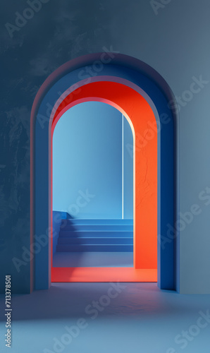 A futuristic archway background, framed by blue walls.