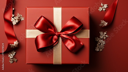Valentine day red background Hearts, balloons, gift box, red flowers, red background with copy space