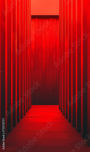 Deep red minimalist corridor with bold shadows.