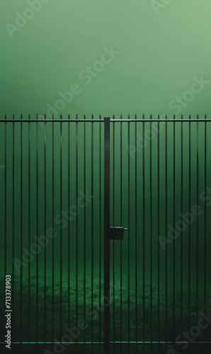 A mysterious green gate opens to a shadowy forest path.