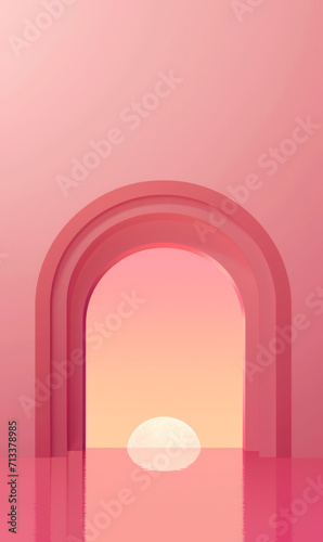 A futuristic archway background with sunset, framed by pink coral walls.