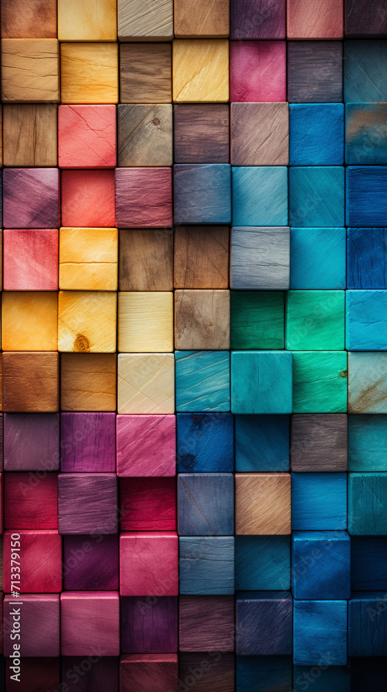 Colorful wooden blocks aligned. Wide format. Hand Edited 