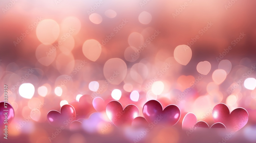 Lots of little hearts, a Valentine's day greeting card. Creative minimalistic pink and purple festive background with bokeh, generated by AI. Trendy pastel colors.