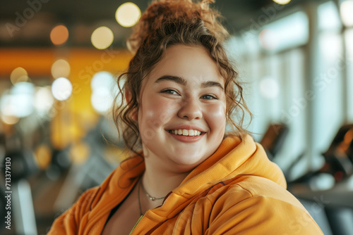 Confident Plus-Size Gym Enthusiast in Yellow Hoodie Embracing Wellness and Joyful Fitness