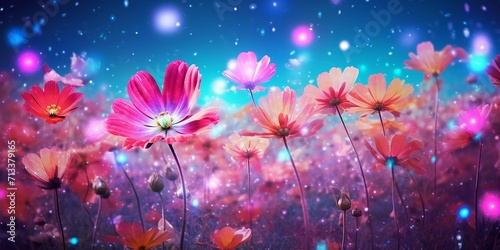 Background picture. Stunning luxury neon vivid glitter flowers fantasy and colorfull flowers field Extremely photorealistic  wide lens using
