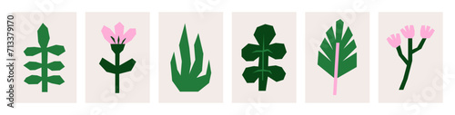 Set of isolated naive plants and flowers. Modern minimalist cards. Hand drawn floral colorful flat vector illustrations for web or interior design.