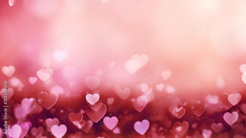 Lots of little hearts, a Valentine's day greeting card. Creative minimalistic pink and red festive background with bokeh, generated by AI. Trendy pastel colors.