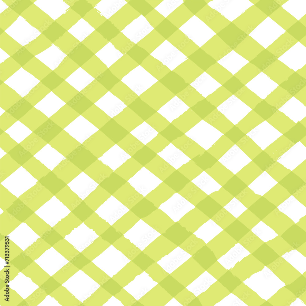 Vector seamless repeat pattern with bright yellow-green chartreuse bias gingham check plaid with grunge torn edges. Summer picnic, Easter, cottagecore projects. Vector seamless repeat pattern with bright yellow-green chartreuse bias gingham check plaid with grunge torn edges. Summer picnic, Easter, cottagecore projects.