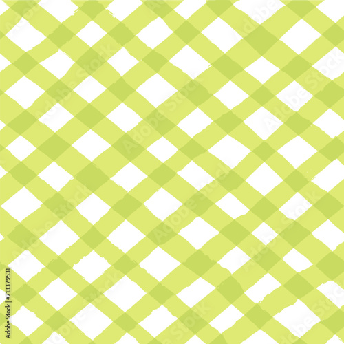 Vector seamless repeat pattern with bright yellow-green chartreuse bias gingham check plaid with grunge torn edges. Summer picnic, Easter, cottagecore projects. 