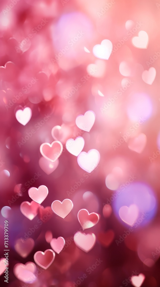Lots of little hearts, a Valentine's day vertical greeting card. Creative minimalistic pink and purple festive background, generated by AI. Trendy pastel colors.