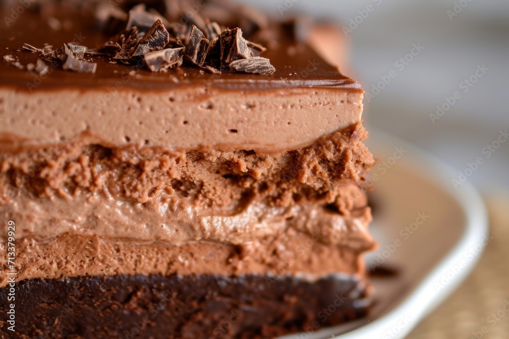 Close-up of a decadent layered chocolate mousse, showing the smooth texture and rich layers