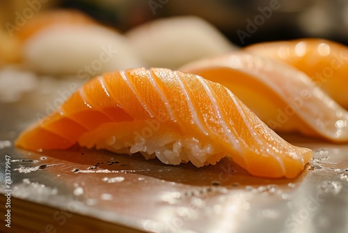 Close-up of a fresh sushi nigiri, with glistening rice and a perfect slice of fish on top