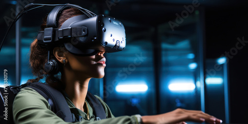 Neon Vision: Futuristic Woman Using Virtual Reality Headset for Cyber Gaming Experience in Dark Blue Digital Environment