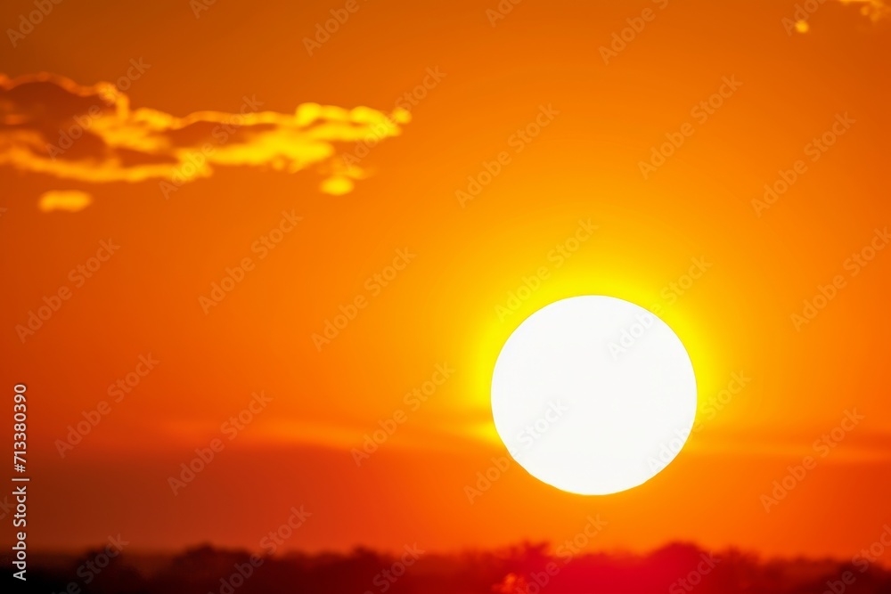 Close-up of the sun peaking over the horizon during sunrise, with a focus on the sun's texture and warm light