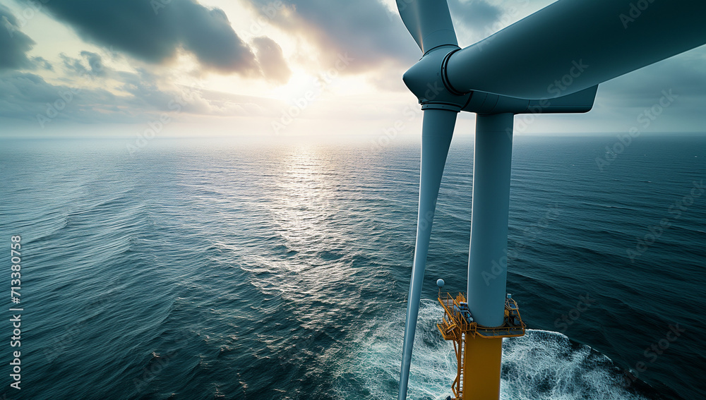 Wind Turbine at sea, close up - obrazy, fototapety, plakaty 