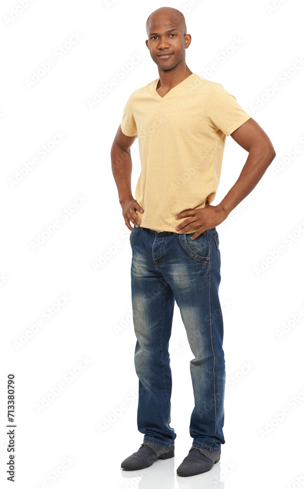 Φωτογραφία Portrait, fashion and black man with hands on his hips, stylish outfit and confident guy isolated on a white studio background