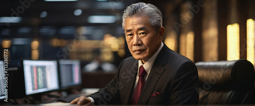 Old Chinese business people buying stocks wearing suits in an office seated in front of a commanding monitor immersive image tailored for widescreen