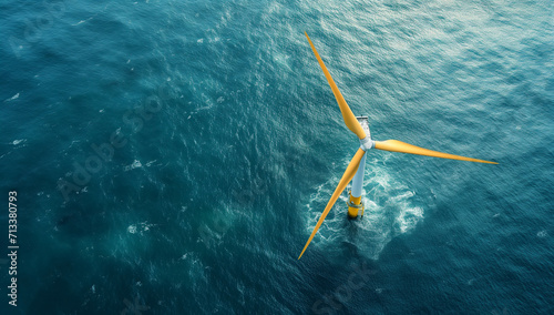 Wind Turbine out at sea, birds eye view photo