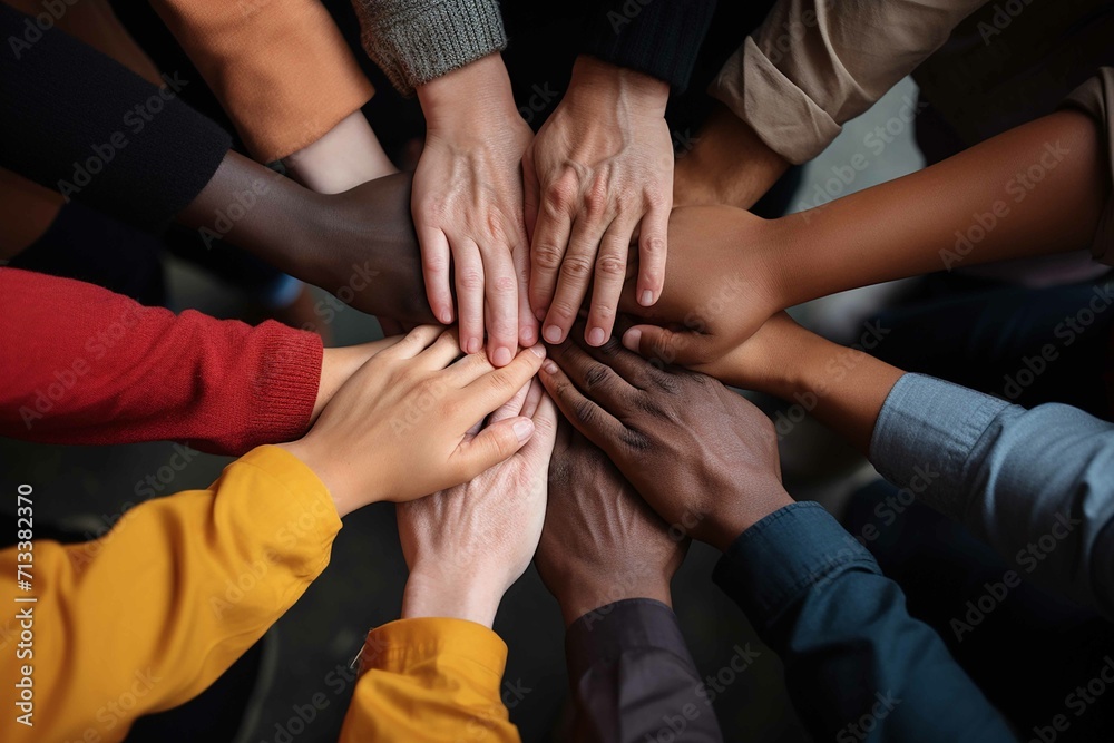 All hands together, united diversity or multi-cultural partnership in a group All hands together, united diversity or multi-cultural partnership in a group