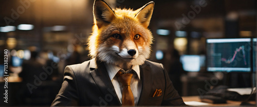 Business Fox wearing suits in an office, seated in front of a commanding monitor © Monmeo