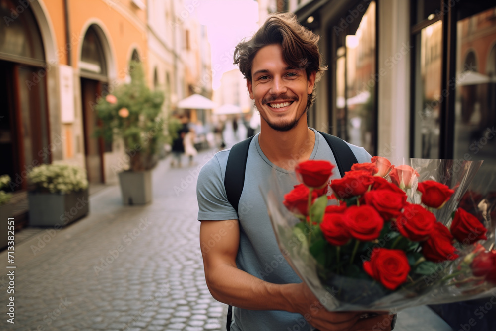 Fototapeta premium A happy young guy goes on a date through the streets of the old town with a bouquet of red roses