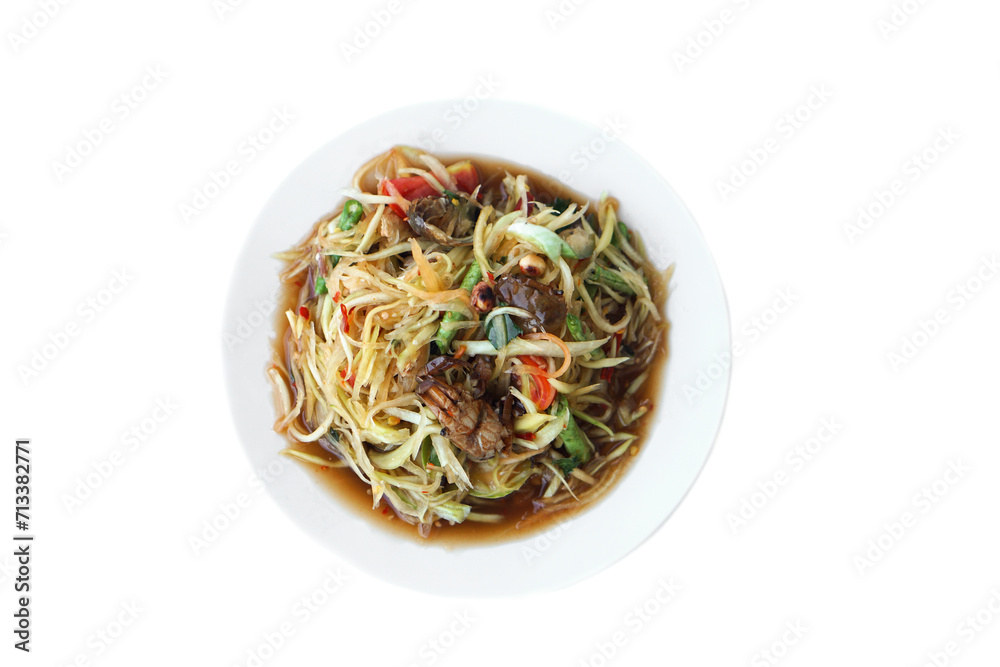 Dish of papaya salad mixed with crab and fermented fish or 