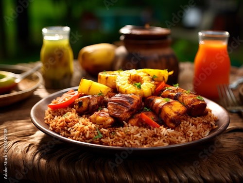 Authentic African Feast: Jollof Rice, Plantain & Chicken