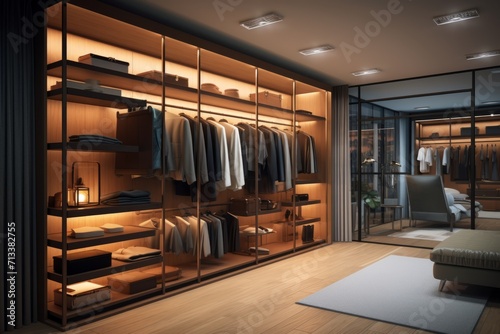 Walk-in closet with organized shelves  racks  and a well-lit dressing area