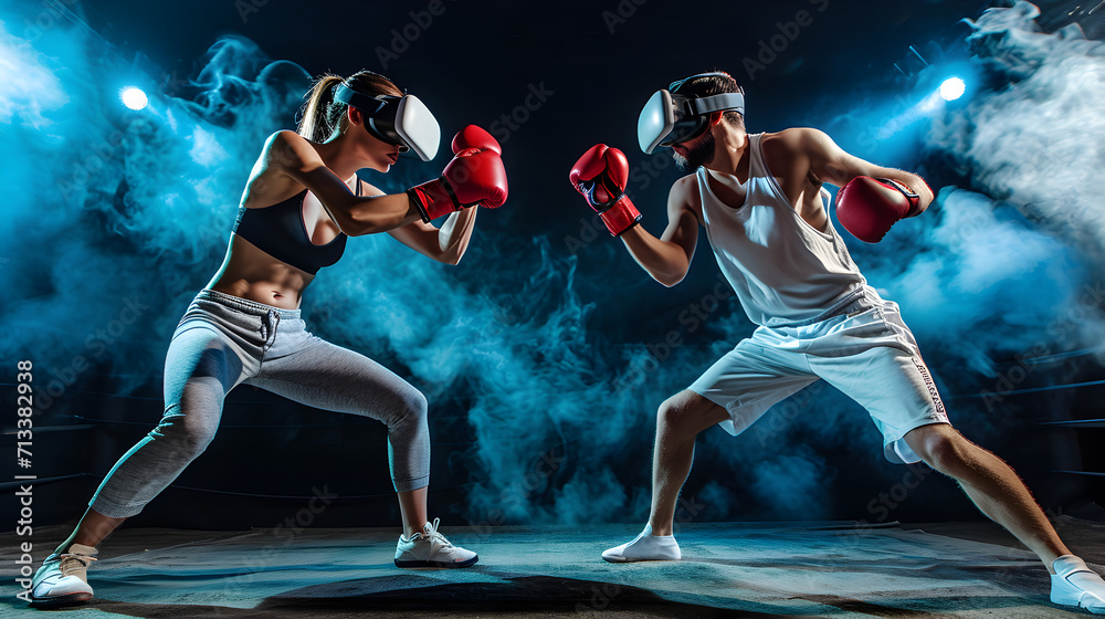 Photograph of couple boxing wearing a VR headset.