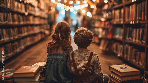A boy and a girl sitting on the floor of a cozy library, surrounded by stacks of book