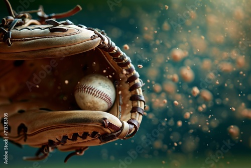 Macro view of a baseball catcher's mitt catching a fast pitch, showing the skill and quick reaction time