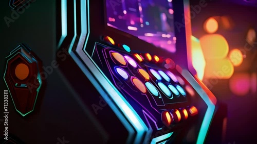 Neon arcade computer video game with vivid lights and colours Generative AI photo