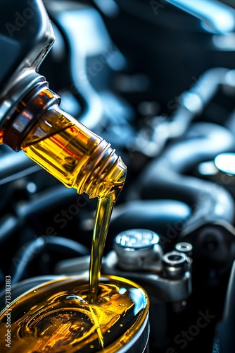 Pouring quality oil into the engine during a maintenance refill. Refilling vehicle transmission or gear with oil. Machine maintenance concept.