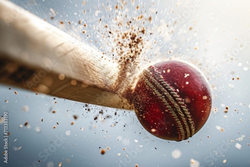 Macro view of a cricket bat hitting a cricket ball, capturing the moment of contact and the energy of the game