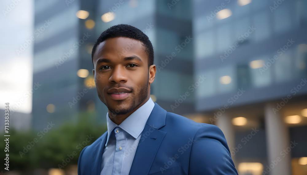 Confident Successful Reliable African American Businessman against defocused Office Buildings background - Young CEO portrait