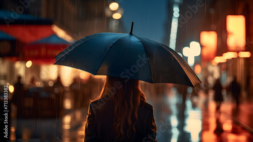 Un femme de dos tenant un parapluie la nuit en ville.