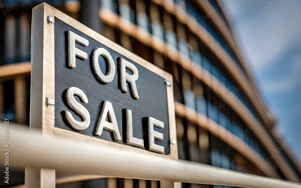 Obraz premium FOR SALE Sign in front of House building for real estate agent, Buy and Sell in Residential Home Property Business