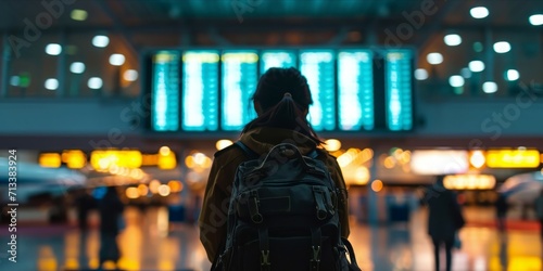 Silhouette of traveler in international airport looking at flight schedules for checking take off time. photo