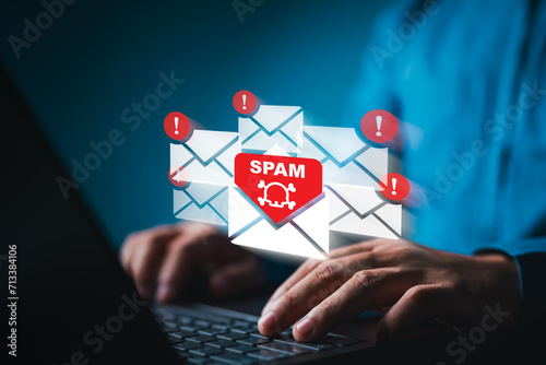 Cyber security awareness, suspect emails alert on virtual screen, e-mail inbox with spam virus message caution sign for threat notification. Harmful, Trash and junk mail, Spam mail pop-up warning. photo