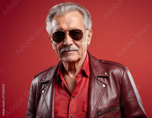 Cool Senior Man wearing leather jacket against red background © PetrovMedia