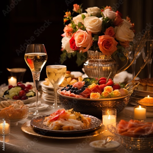A table topped with plates of food and glasses of wine cske